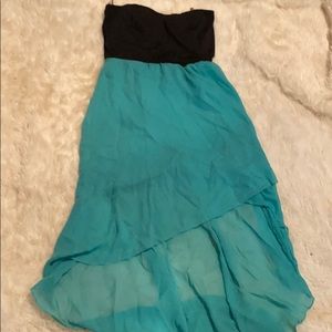 Black and teal strapless high low dress